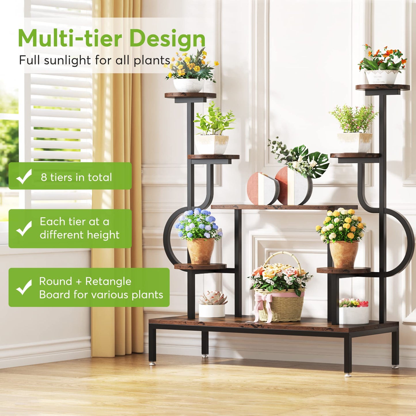 Tribesigns 5-tier metal plant stand for indoor and outdoor use. Multi-level flower stand flower ladder plant ladder wood pot holder for living room balcony (Rustic Brown)