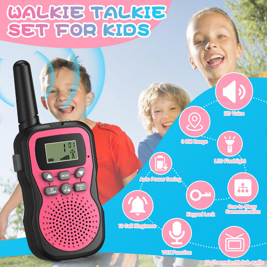 Walkie Talkie Kids 3-pack, Apkezel Walky Talky with 1000mAh rechargeable battery, long range 3km walkie talkie radios with VOX flashlight for outdoor, camping, hiking.