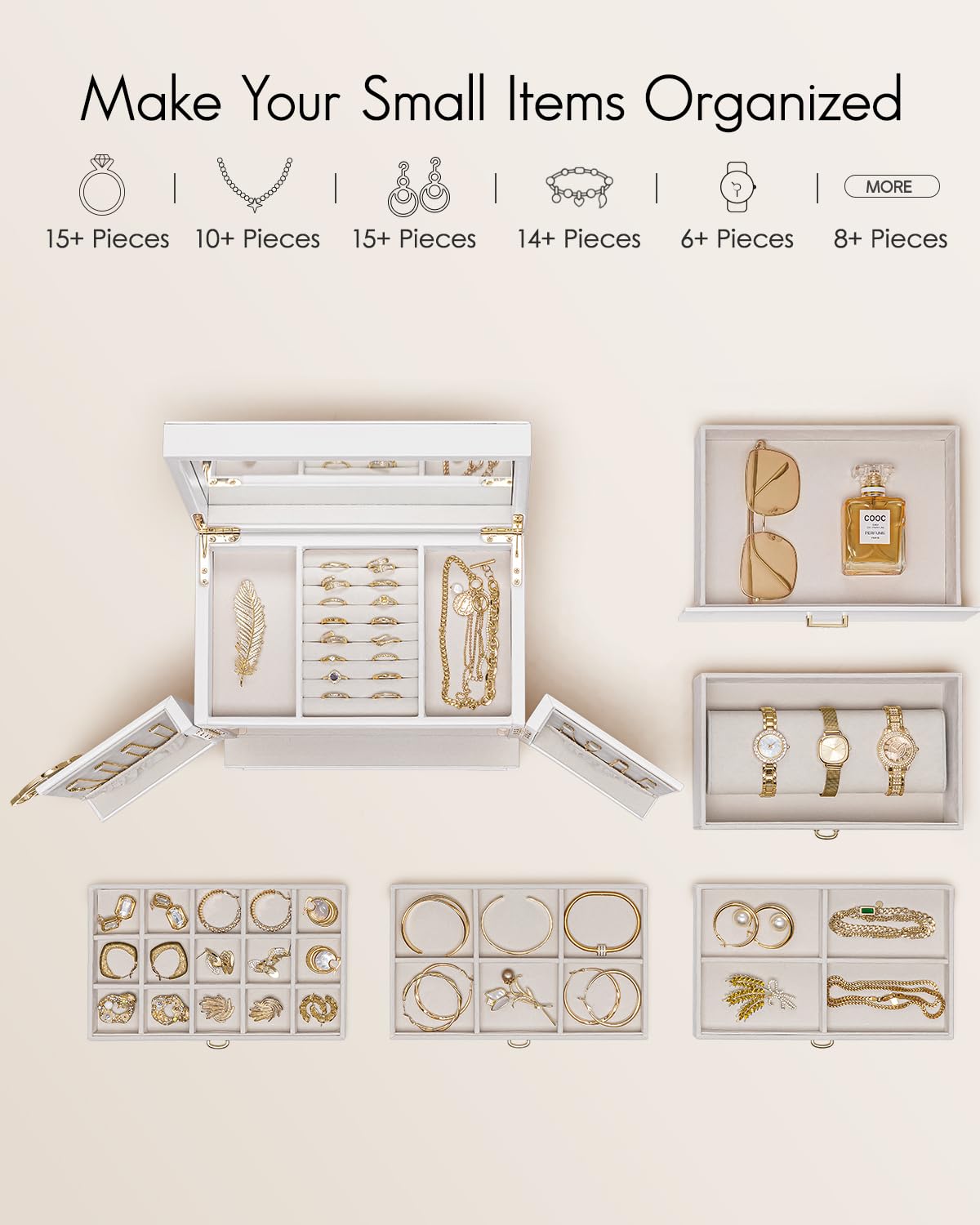 Vlando Jewelry Box Large, French Jewelry Box 6 Layers, Jewelry Organizers Large XXL with Mirror, Drawers, Jewelry Storage for Women, Jewelry Box for Earrings, Necklaces, Watches