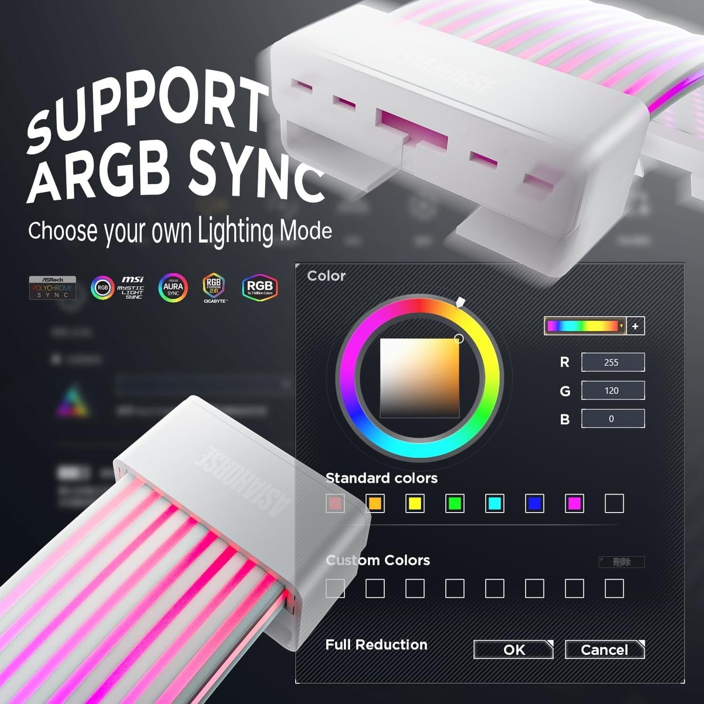 AsiaHorse ARGB PSU Cable Cover Kit, Aurora RGB Power Extension Cable Cover Kit for Motherboard and GPU PC Cables, 5V 3Pin ARGB SYNC, Compatible with 12+4-Pin/8-Pin/24-Pin Cables AURORA-CO-WH