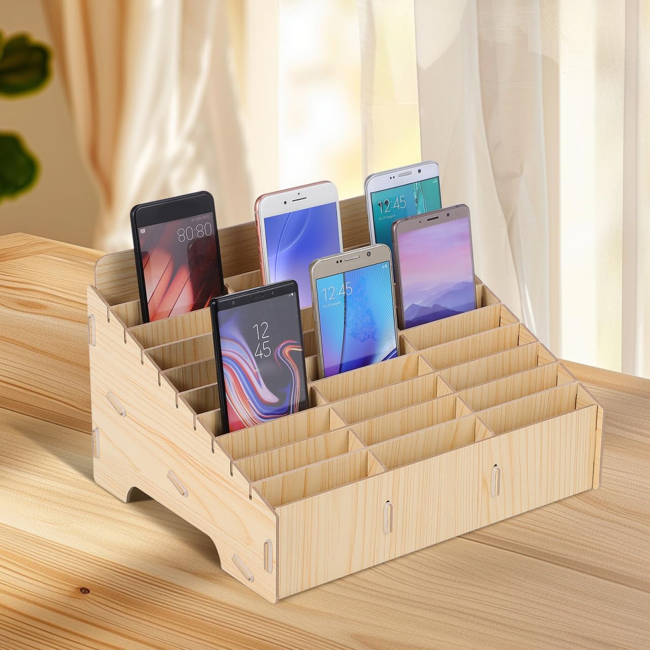 Gogogmee 30 compartment mobile phone storage wooden box organizer for desk cable management and display rack for office and school.