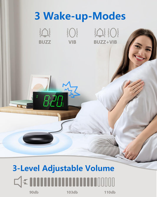 Vibrating alarm clock for deaf and heavy sleepers, alarm with loud sound, bed shaker, Type-C charger, large LED display with dimmer, color-changing night light, battery backup, desktop bedroom travel clock.