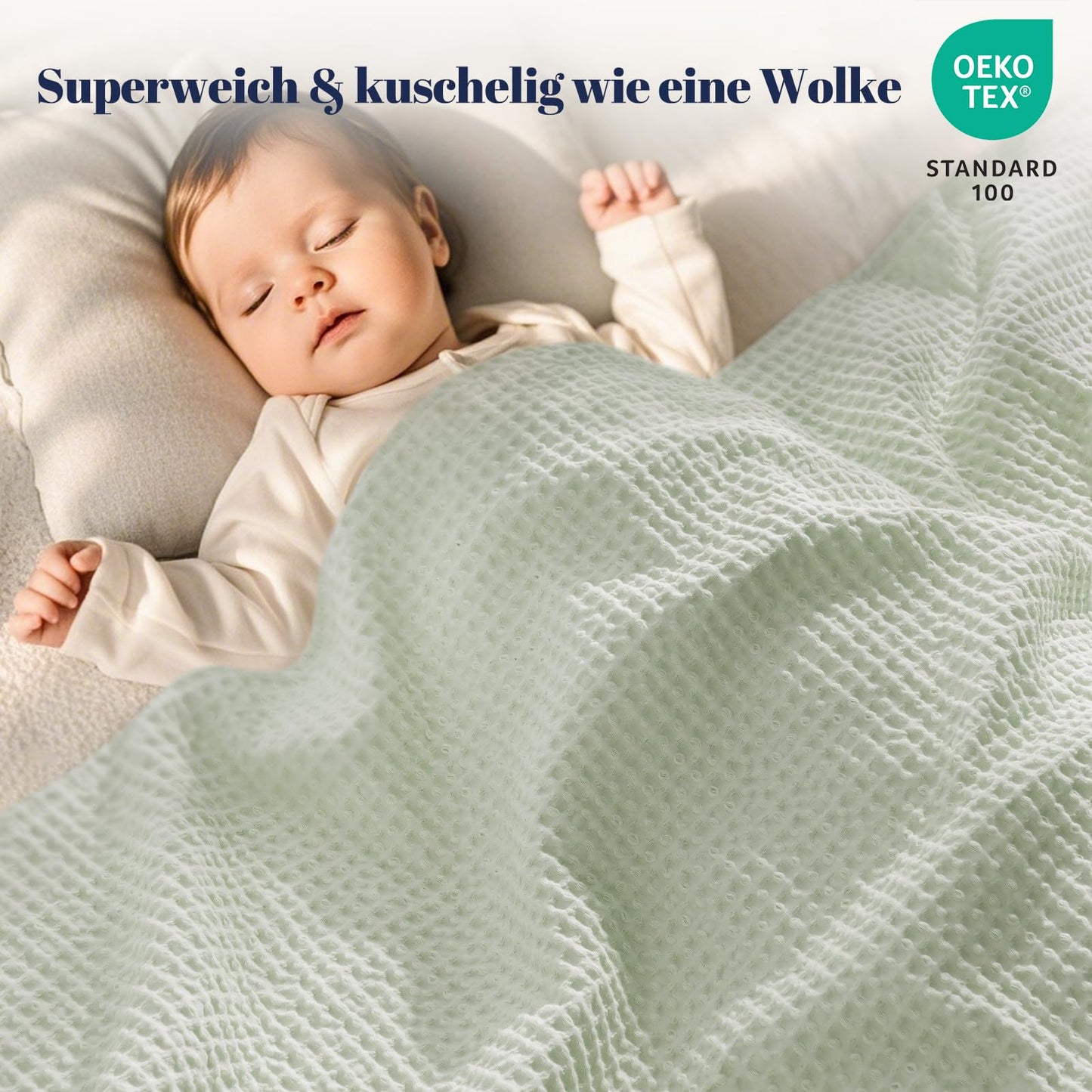PHF 100% Cotton waffle blanket Throw 150x200cm, lightweight & breathable, perfect for summer - Oeko-TEX® Certified - Hotel-grade quality - Ideal for sofa, couch, bed, Grass Green.