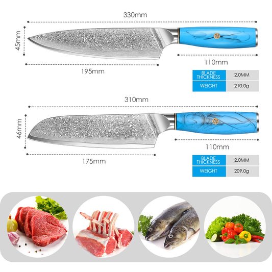 Home safety 2-piece damascus knife set, damascus santoku knife set kitchen knife set made of 67 layers of VG-10 damascus steel, professional damascus chef knife set with ergonomic natural resin handle, gift box.