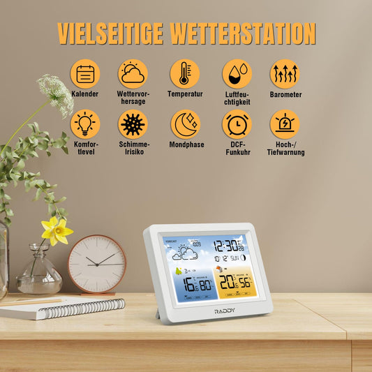 Raddy WM6 wireless weather station with outdoor sensor. Indoor/outdoor thermometer, hygrometer, barometer. Built-in 2000mAh battery, DCF radio clock, weather forecast, mold warning for home.