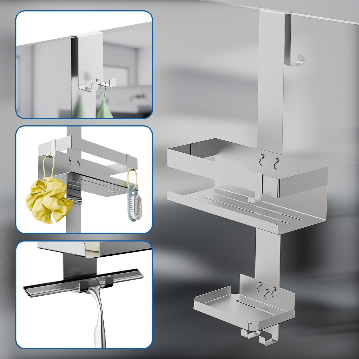 Ulioyer Hanging Shower Caddy with Soap Holder, SUS304 Stainless Steel Shower Shelf No Drilling for Frameless Glass Door, Shampoo Shower Gel Holder for Shower (Style B (Silver))