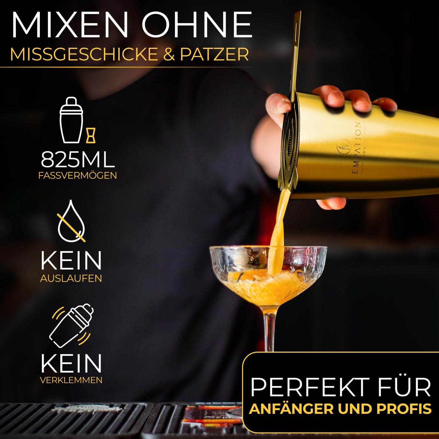 Empation Cocktail Shaker Gold, 8-piece cocktail set - 825ml stainless steel Boston shaker, minimalist cocktail accessories, bar set for beginners & pros, great as a gift.