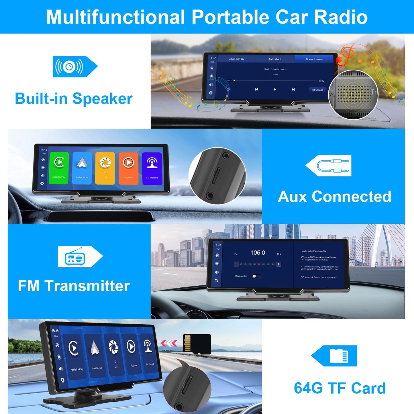 Podofo Wireless Apple Carplay Android Auto Portable Car Radio, 9.3-inch HD touchscreen car radio for cars/SUVs/vans/pickups and trucks, dash cam & rearview camera & 64G TF card.