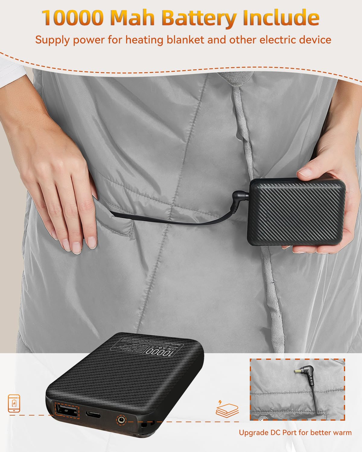 Wireless heated blanket with 7.4V battery for men and women, FERNIDA electric heating pad portable heated scarf for home, office, travel, hiking, Gray