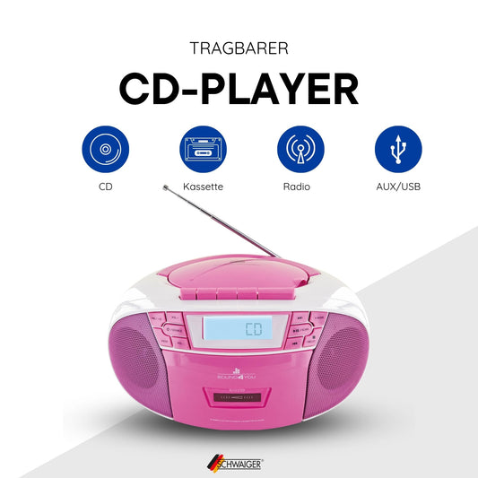 SCHWAIGER 661668- Portable CD Player with cassette and radio, MP3 USB connection, FM radio, AUX, headphones, boombox stereo for home and on the go, mains and battery operation, display