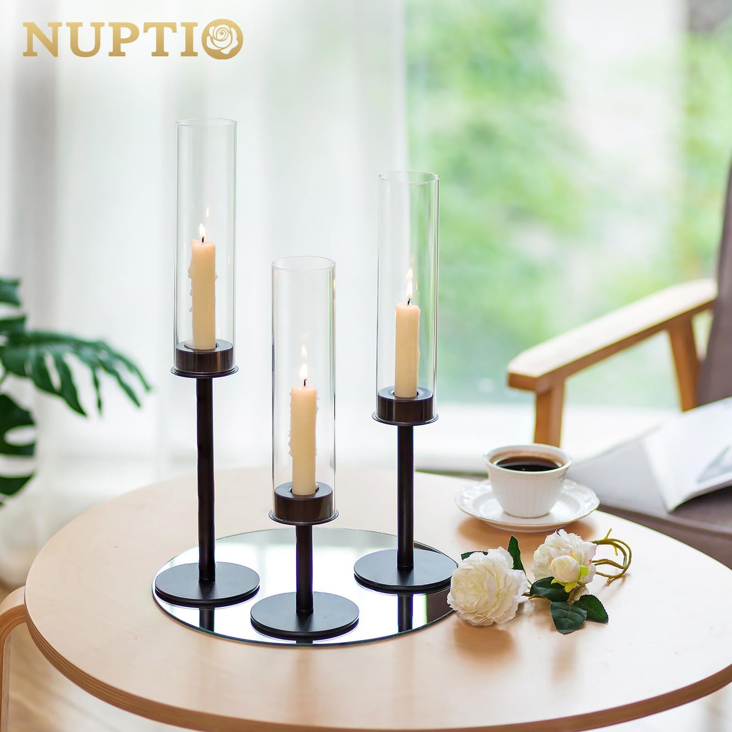 Nuptio Glass Cylinder Candle Holder Metal Black - 18 pieces Cone Candle Stand Taper Candle Pack for Candles, Clear Glass Hurricane Shade Top Candle Modern Wedding Christmas Table Dinner