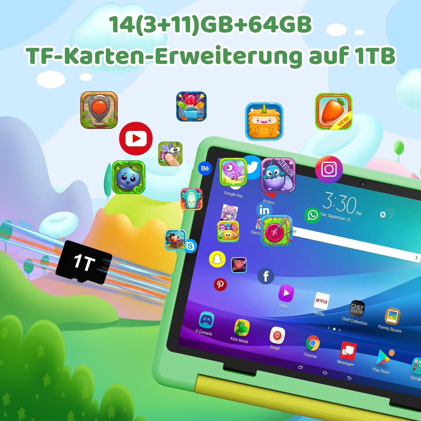 Angel Android 14 Kids Tablet, Octa-Core Processor Tablet for Kids, 14GB+64GB, 5000mAh, Parental Control, WiFi 6, Bluetooth 5.3, Kid-Friendly Case (green)
