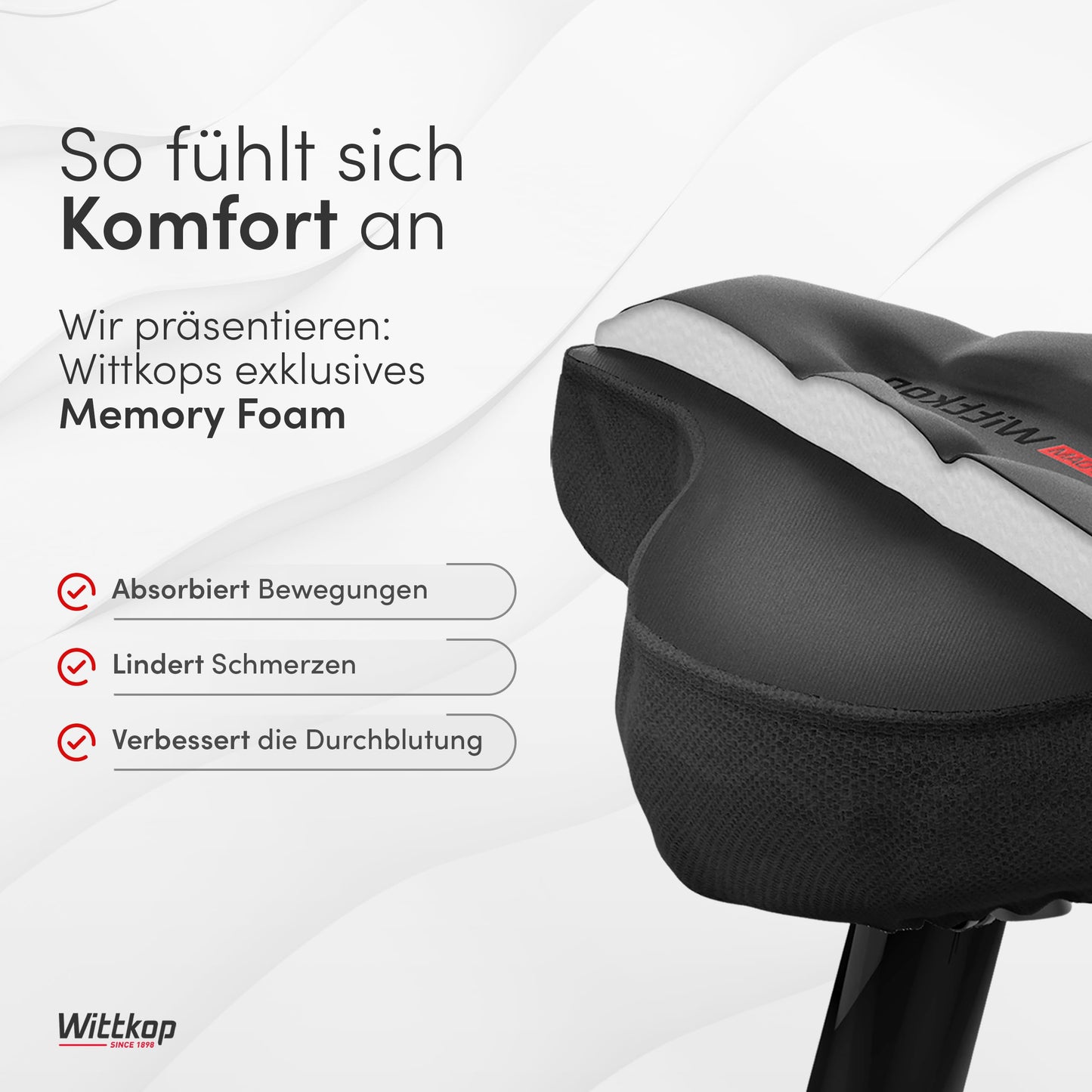 WITTKOP bike seat cushion with gel pad & memory foam I Ergonomic bike seat cover for women and men with 3-zone concept I Comfortable bike saddle cover for Peloton & bike seat