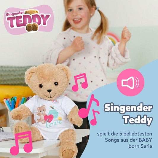 BABY born Singing Teddy - plush bear with sound function & white romper - movable arms & legs - suitable for children aged 18 months and older - sings 5 German songs from the series
