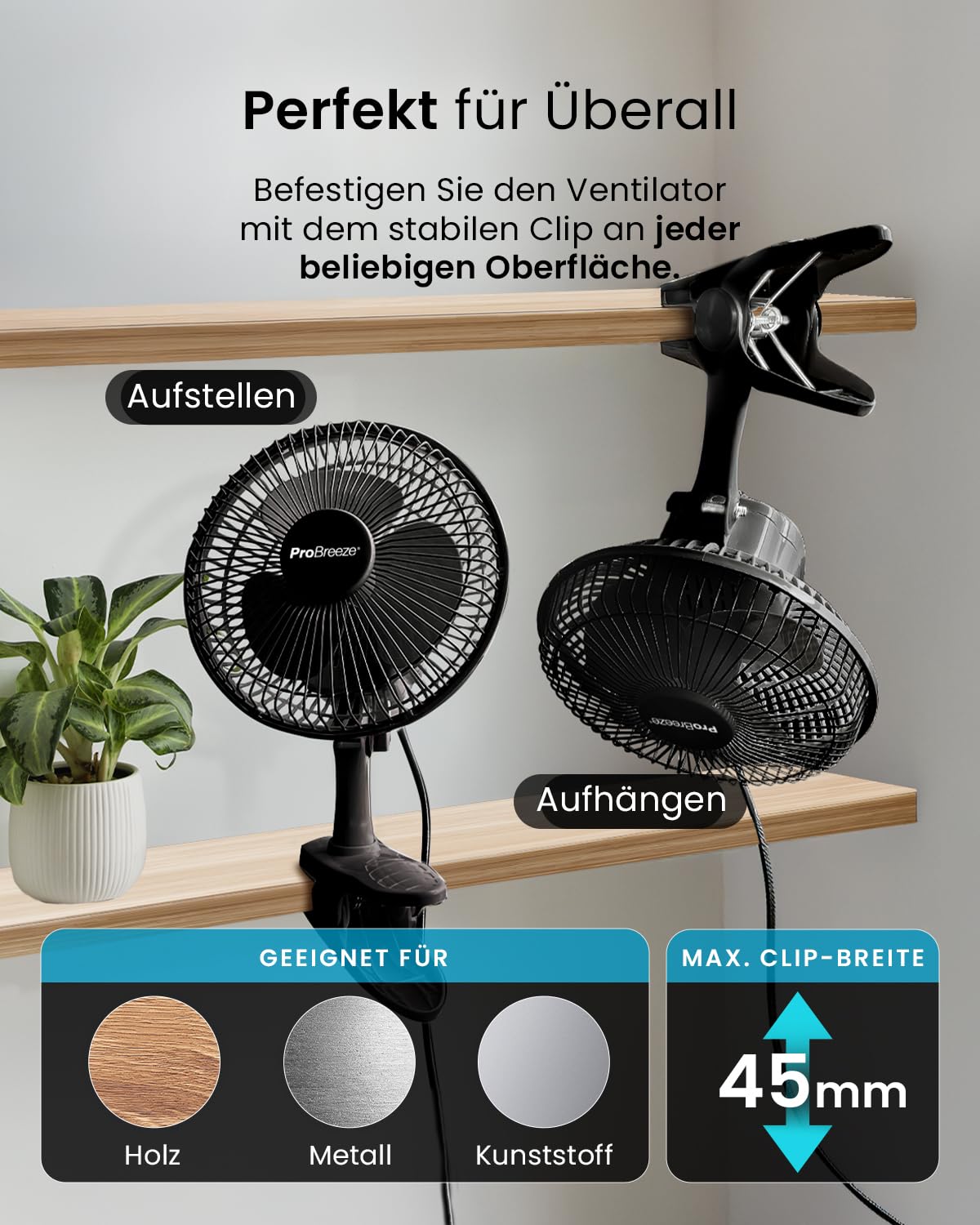 Pro Breeze Mini Fan with Clip, 20cm diameter, 2 speed settings, sturdy clip - quiet fan, ideal as a table fan on the desk, for grow box, at home in the bedroom
