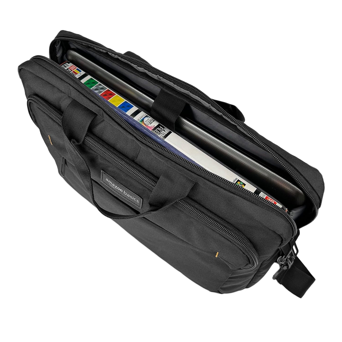 Amazon Basics Compact Laptop Bag, Shoulder/Carry Bag with accessory storage pockets, for laptops up to 15.6 inches (39.6 cm), Black, 1 piece