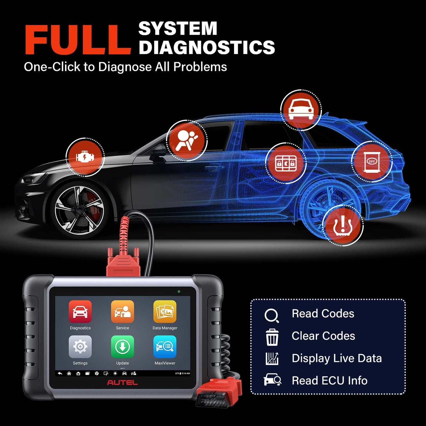 Autel MaxiCOM MK808S-OBD2 Diagnostic Tool, 2024 Bidirectional Tool Updated from MaxiCheck MX808 MK808, 28+ Services, Active Test, All System Diagnostics, Injector Coding/EPB/BMS/SAS/TPMS/AutoVIN/ABS