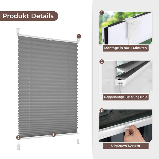 All-in-one pleated blinds without drilling, Klemmfix anthracite 40x180cm (WxH), pleated roller blind with clamp holder, blinds for windows and doors, privacy and sun protection.