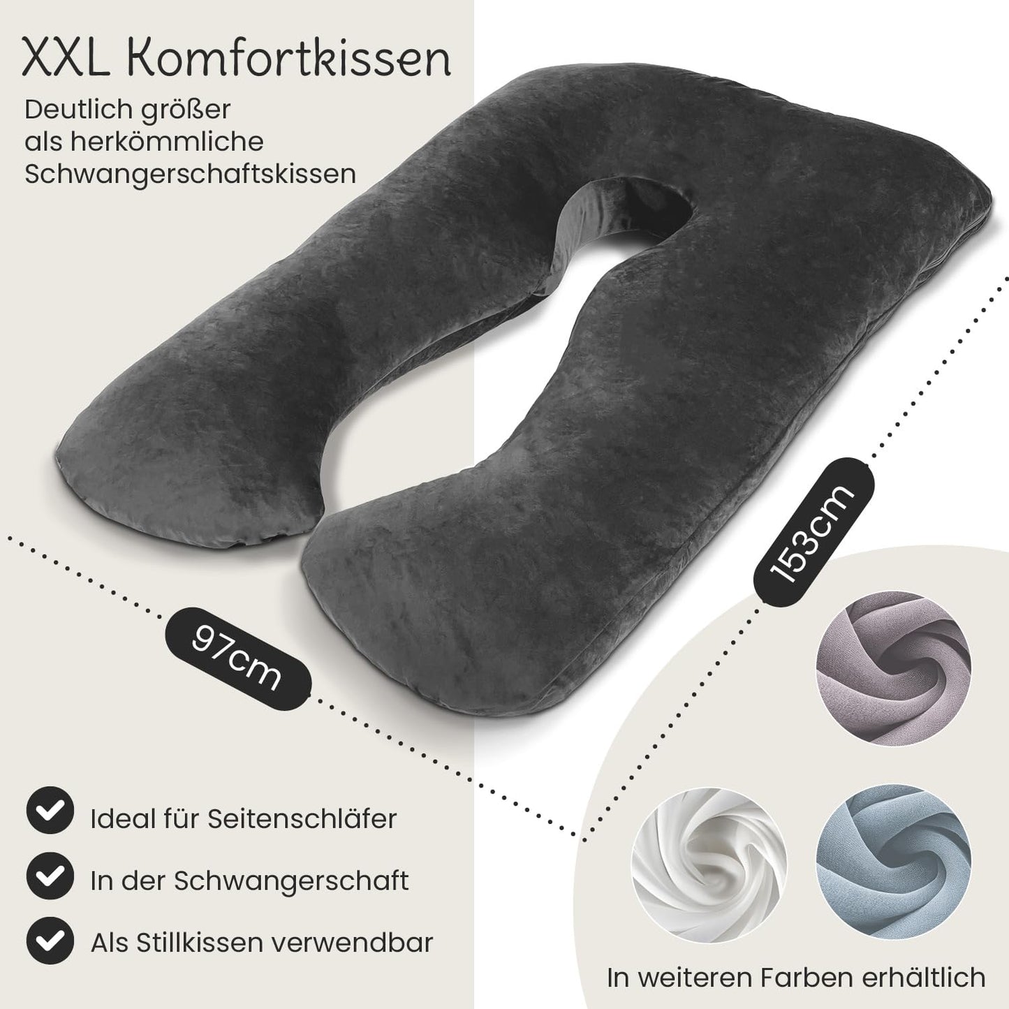 ELONEO Pregnancy Pillow XXL, Side Sleeper Pillow with Cover, Pregnancy Pillow in U shape, Nursing Pillow with soft, removable and washable cover, gray