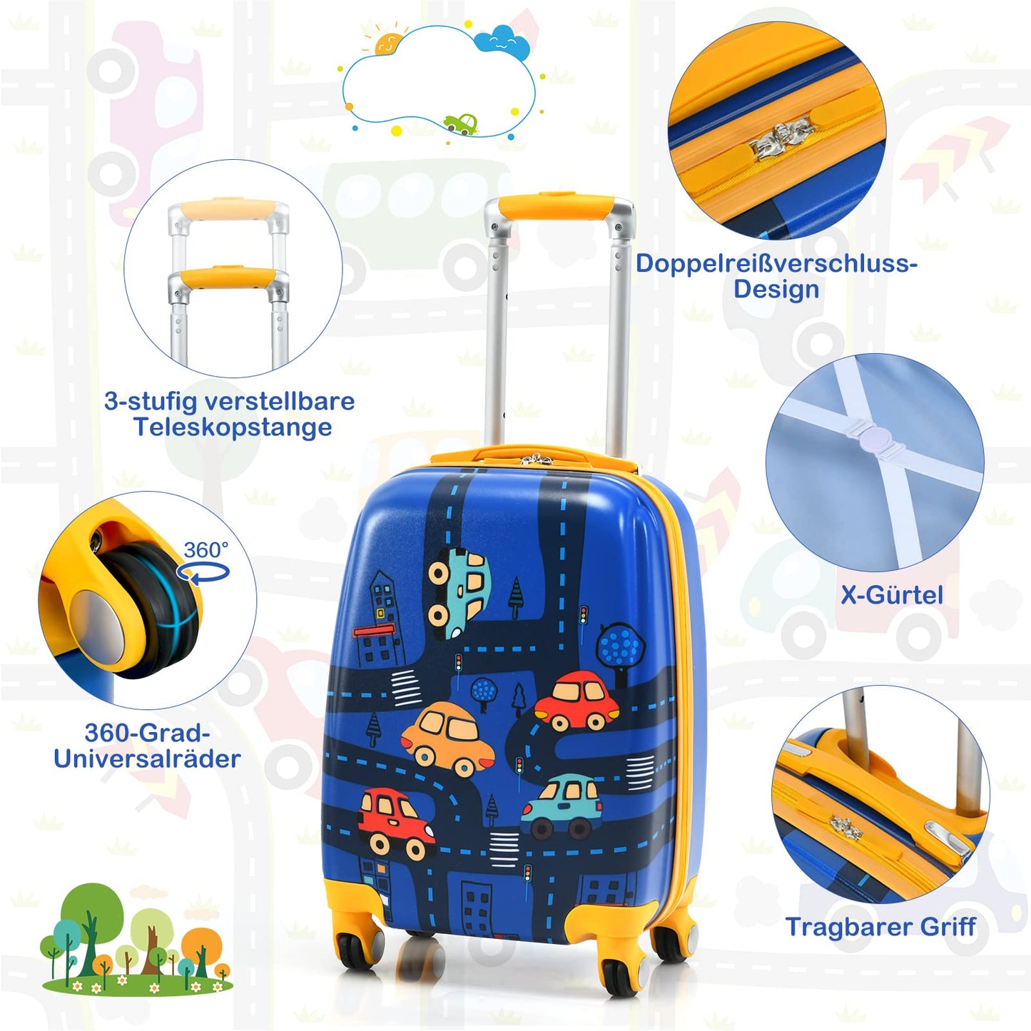 GOPLUS kids suitcase with backpack, kids trolley, children's luggage with wheels, travel suitcase with telescopic handle, hard shell suitcase for kids, children's trolley choice of colors (cartoon car, 12"+18")