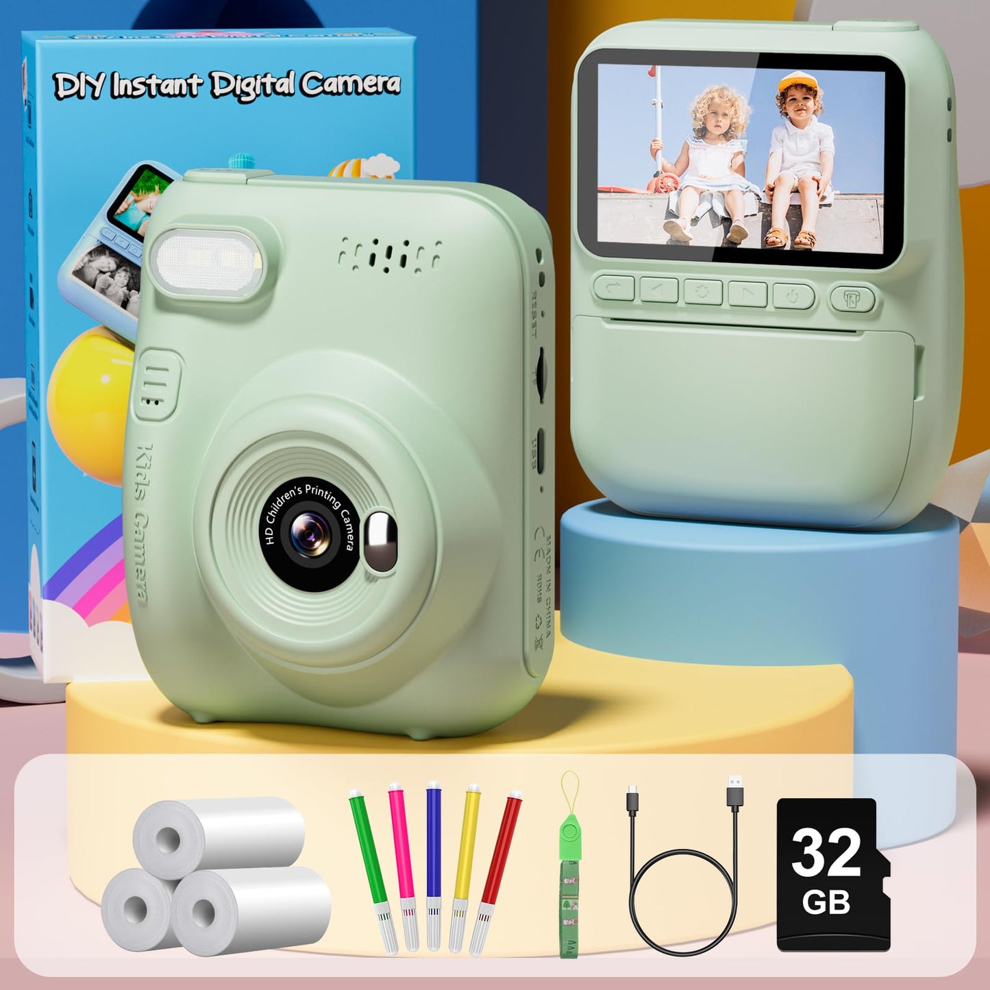 Gofunly instant camera for kids, 3.0 inch screen children's camera with 32GB card & printing paper, 14MP/1080P kids instant print camera, gift for 3-12 years old (Green)