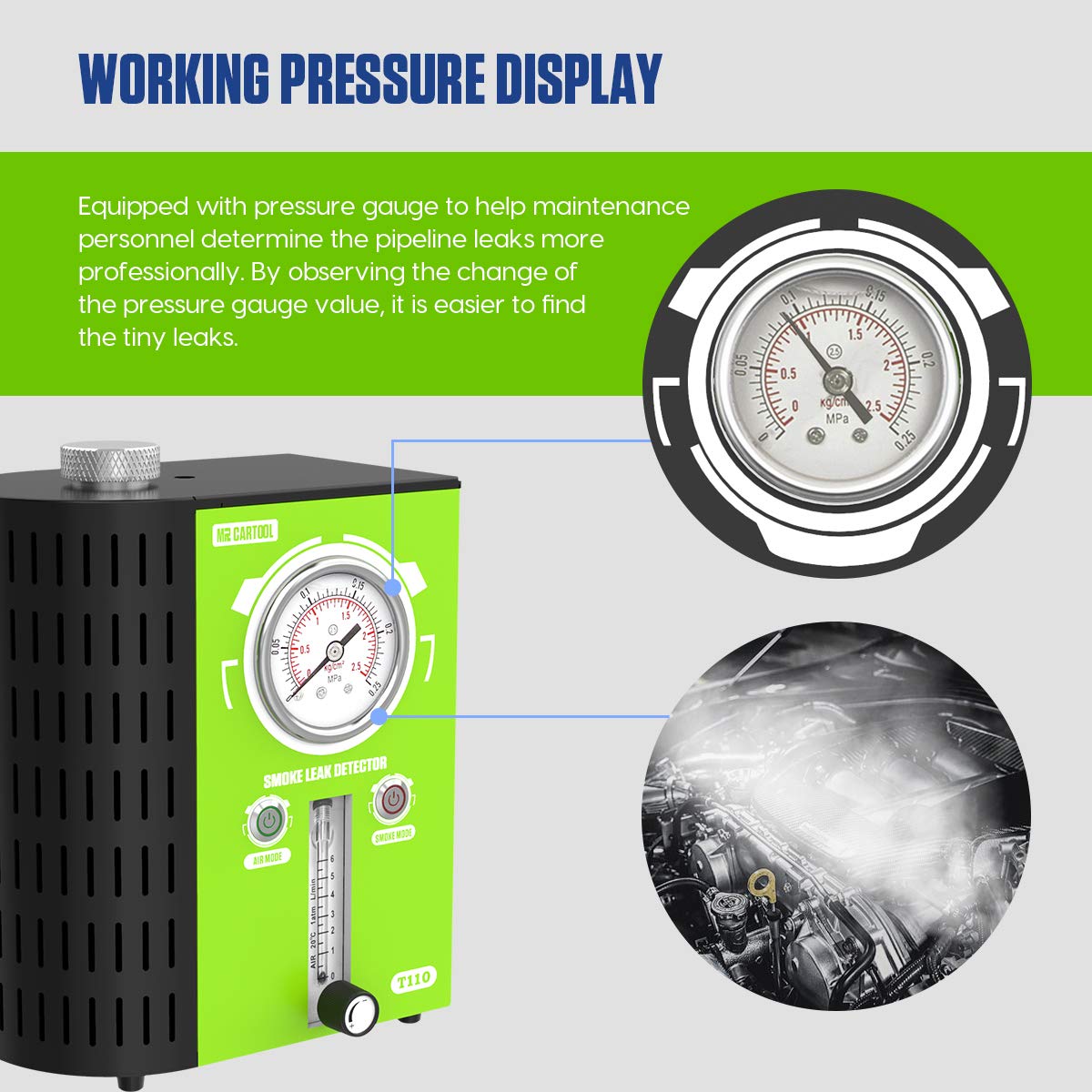 MR CARTOOL T110 Automotive Smoke Machine Leak Detector, EVAP Fuel Leak Detector 12V Smoke Machine Vehicle Lines Leak Tester Test Device for Vehicle Automotive Motorcycles
