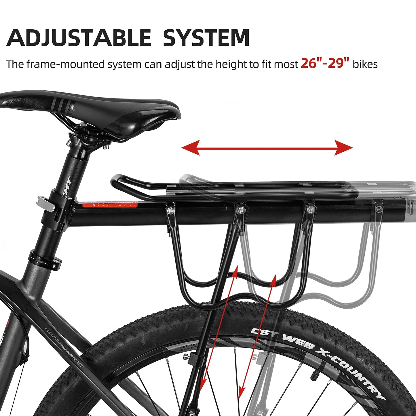 ROCKBROS bike rack for mountain bikes with quick release, reflector, 24-29 inches, with/without fender, aluminum alloy.