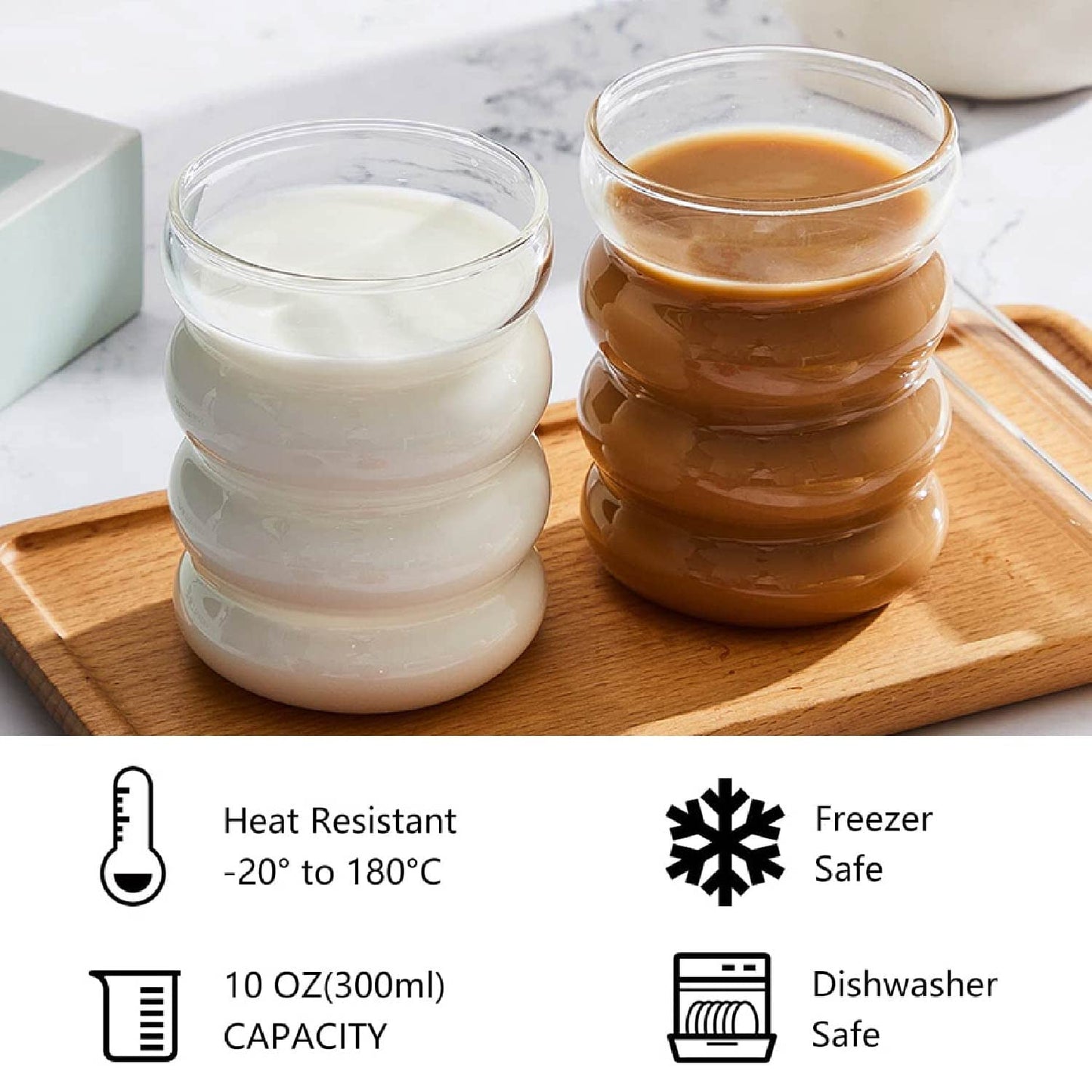 ALINK Ribbed Drinking Glasses with Glass Straws 4-Piece Set, 350ml Iced Coffee Glasses, Wave Glass Tumblers, Water Glasses, Long Drink Glasses, for Cocktails, Water, Soda, Gift with Brush.