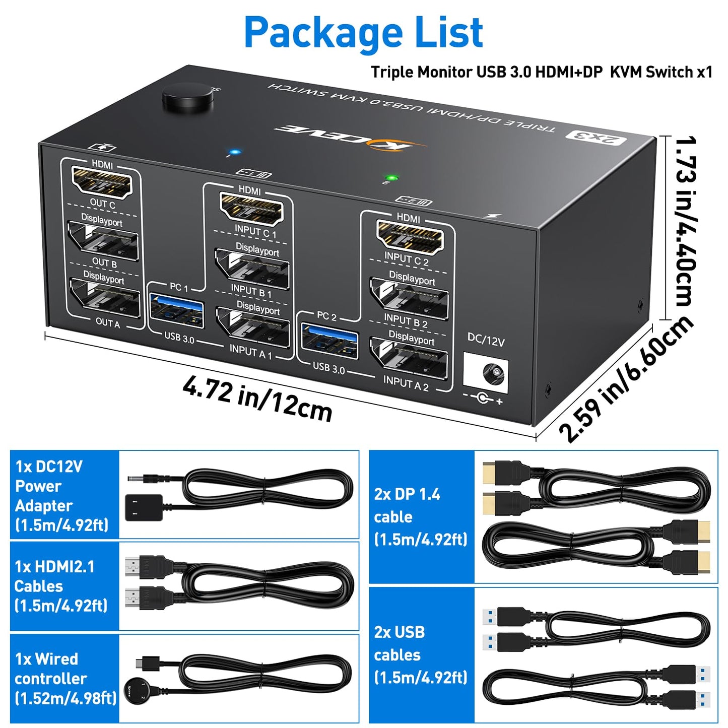 KCEVE KVM switch for 2 computers and 3 monitors, USB 3.0 KVM switch HDMI + DisplayPort, 8K@60Hz/4k@144Hz triple monitor KVM switch for 2 computers, 3 displays, and 4 USB 3.0 devices.