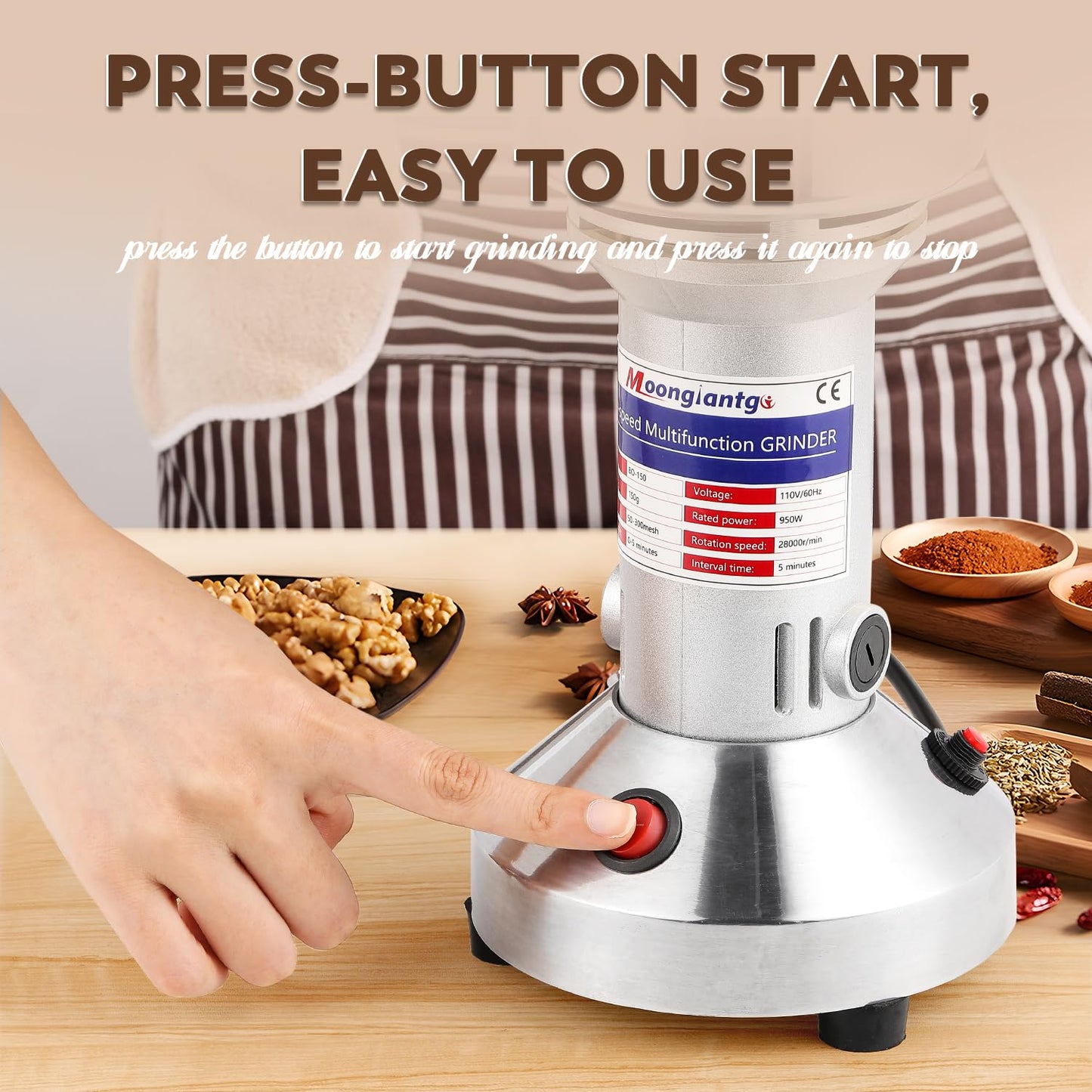 Moongiantgo Electric Grain Mill 150g, 950W Spice Grinder made of 430 Stainless Steel Commercial Powder Machine High Speed Mill for Grains, Spices, Herbs, Coffee, Corn with Overload Protection