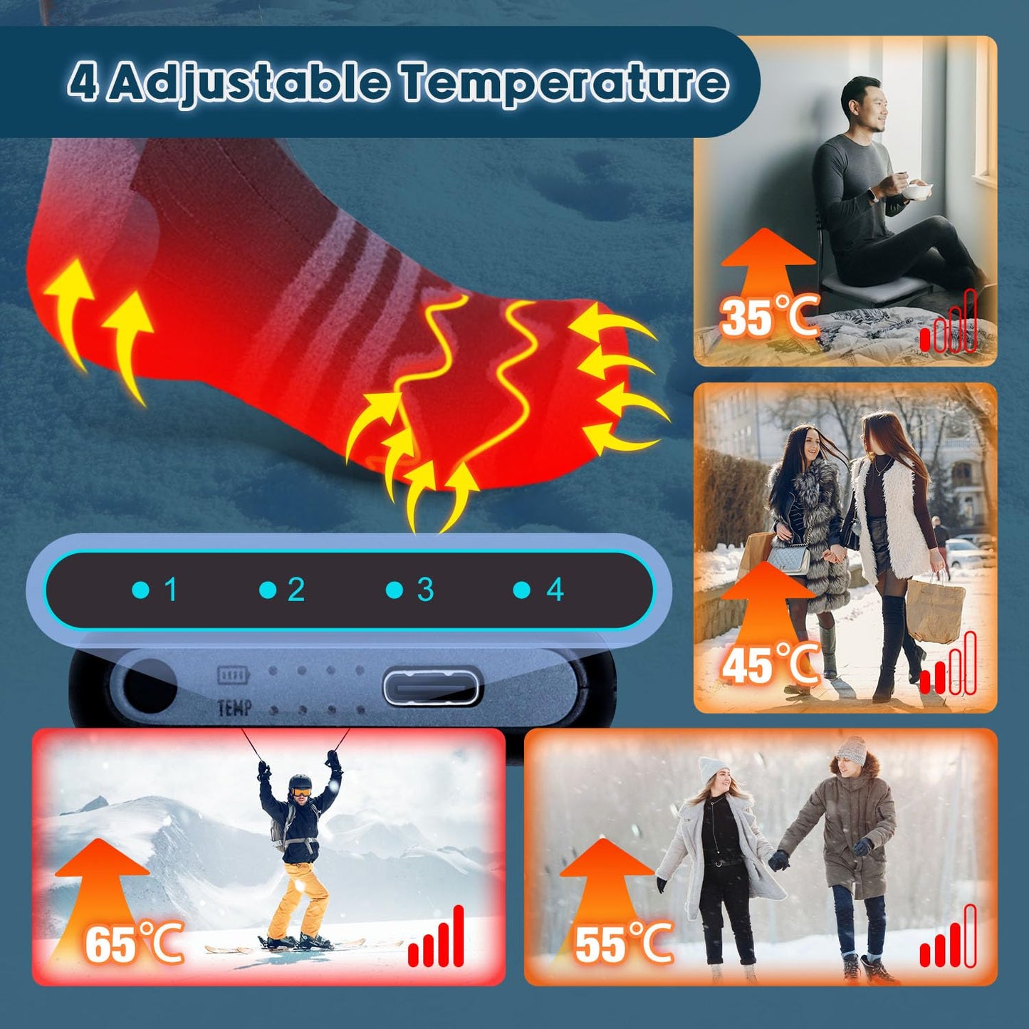 Heated socks, 5000mAh rechargeable heated socks with 4 temperatures, washable electric foot warmers for skiing/cycling/fishing/camping, unisex heated socks 36-46.