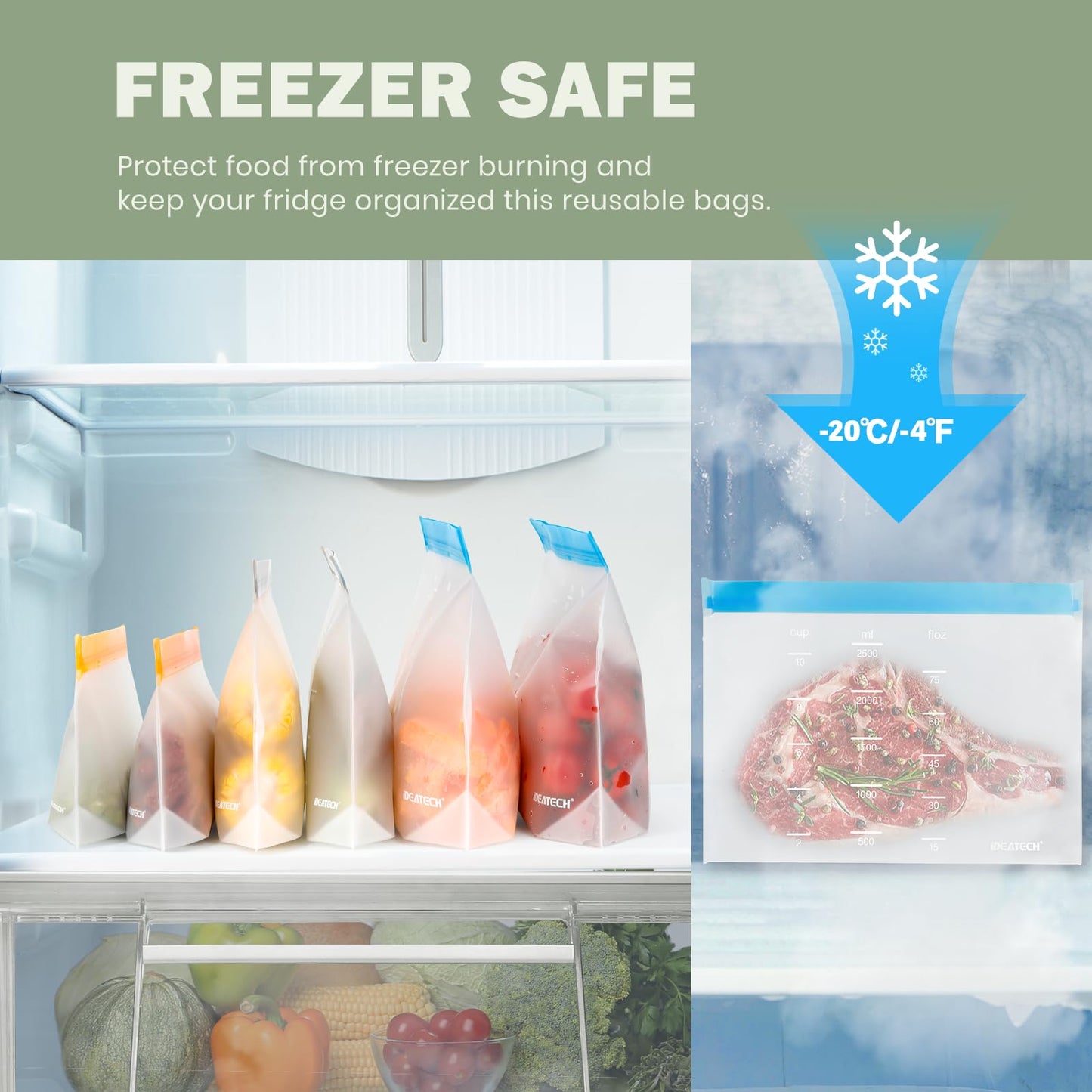 IDEATECH 20 Pack Reusable Freezer Bags with Stand-Up Bottom Design, Silicone Bags for Food, Storage Bags Sandwich Bags Kitchen Bags for Vegetables Milk Snacks Meat