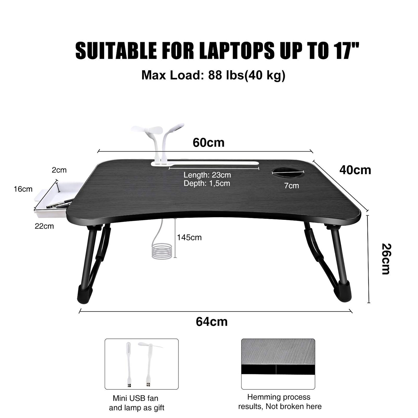 A3A ACADGQ laptop table, foldable laptop bed table, notebook desk with 4 USB charging ports, drawer, pad stand, cup holder, for bed, sofa, floor (60 x 40 cm, black)