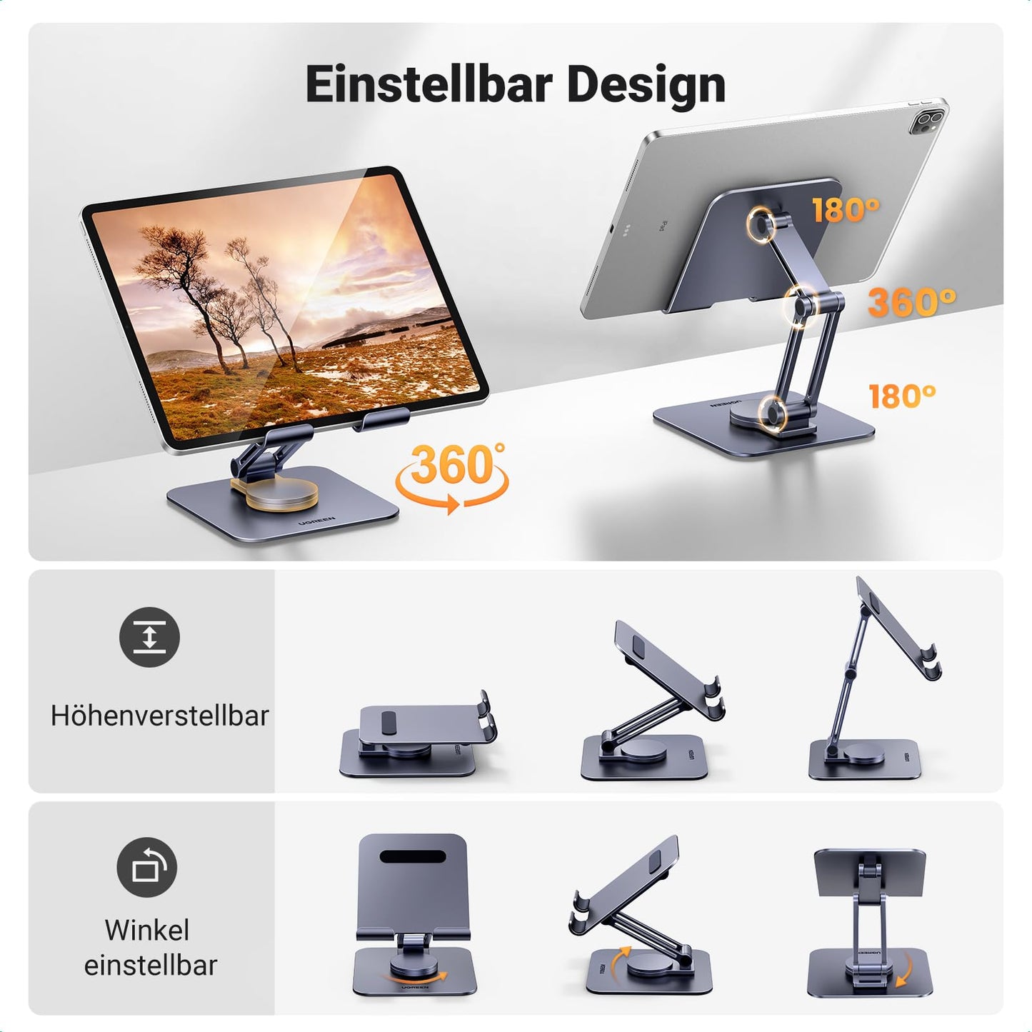 UGREEN Tablet Stand 360° Rotatable Adjustable, Tablet Mount iPad Stand Compatible with 2024 iPad Pro/Air 13 11 12.9 Galaxy Tab Redmi Pad Huawei MatePad iPhone 17 16 Pro up to 13 Inches
