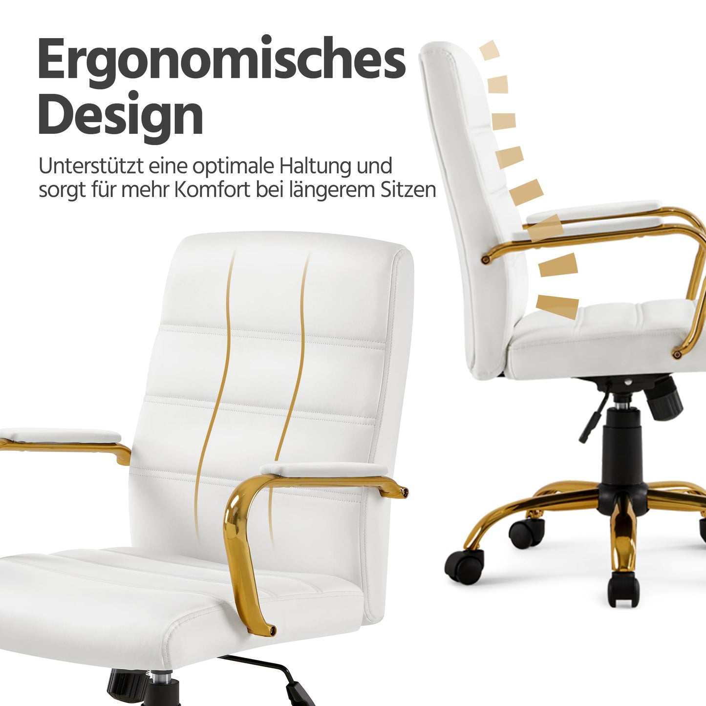 Yaheetech office chair ergonomic desk chair, swivel chair with casters, office stool with armrests, work chair with backrest, executive chair load capacity up to 130kg White/Golden.