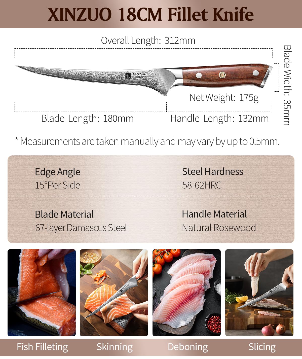 XINZUO 18cm Damascus Steel Fillet Knife, 67 Layers Damascus Fish Knife Professional Chef Knife, Damascus Fish Fillet Boning Knife for Kitchen -Ergonomic Rosewood Handle -with Gift Box