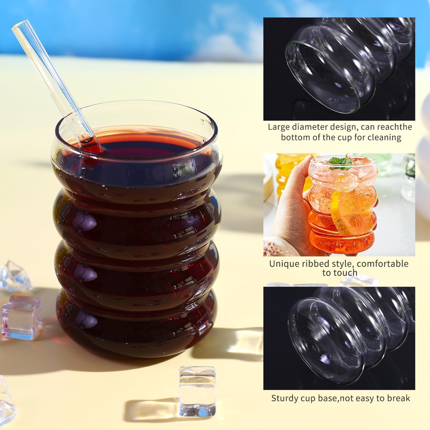 Ribbed Glasses Set (350ml x 6) Cocktail Glasses Wavy Water Glasses Drink Glasses Juice Glasses Drinking Glasses made of glass Glasses for Water Drinking Juice Universal Glasses with glass straws and brushes