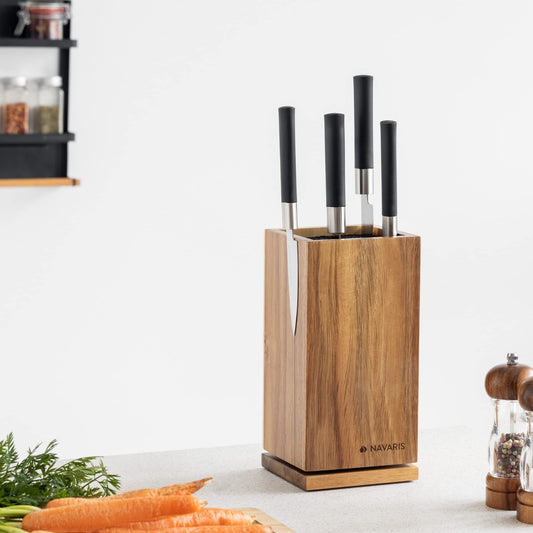 Navaris rotating magnetic knife block made of acacia wood with bristle insert - wooden knife block without knives for kitchen knives, chef's knives, and cooking utensils.