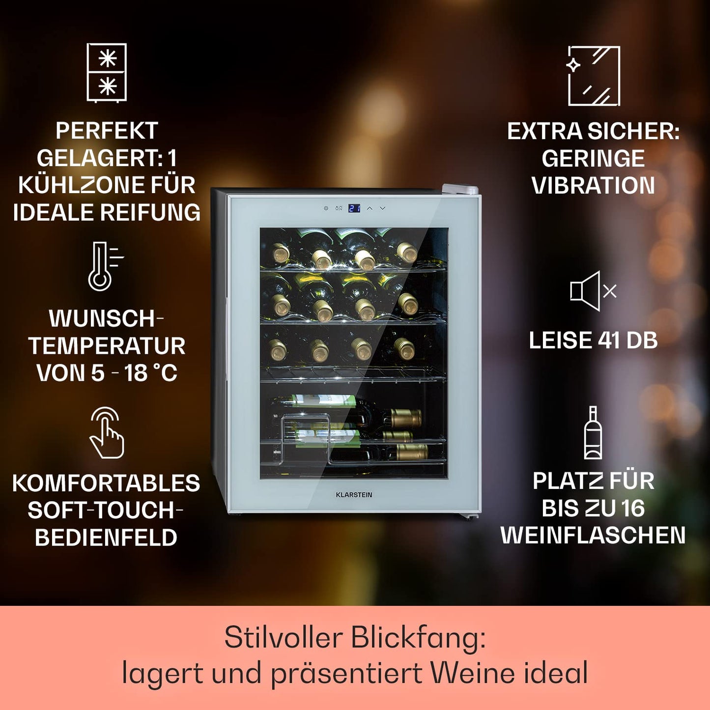 Klarstein Shiraz wine cooler freestanding, small beverage cooler for wine, prosecco & beer, 1-zone wine cooler with glass door & touch control panel, compact fridge, 5-18°C, 16 bottles