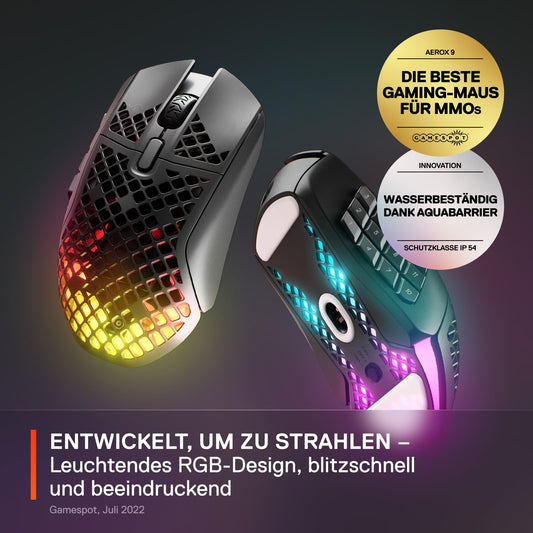 SteelSeries Aerox 9 Wireless - RGB gaming mouse with surface cutouts - Lightweight, water-resistant design - 18 buttons - Bluetooth/2.4GHz - Optical TrueMove Air Sensor with 18,000 DPI
