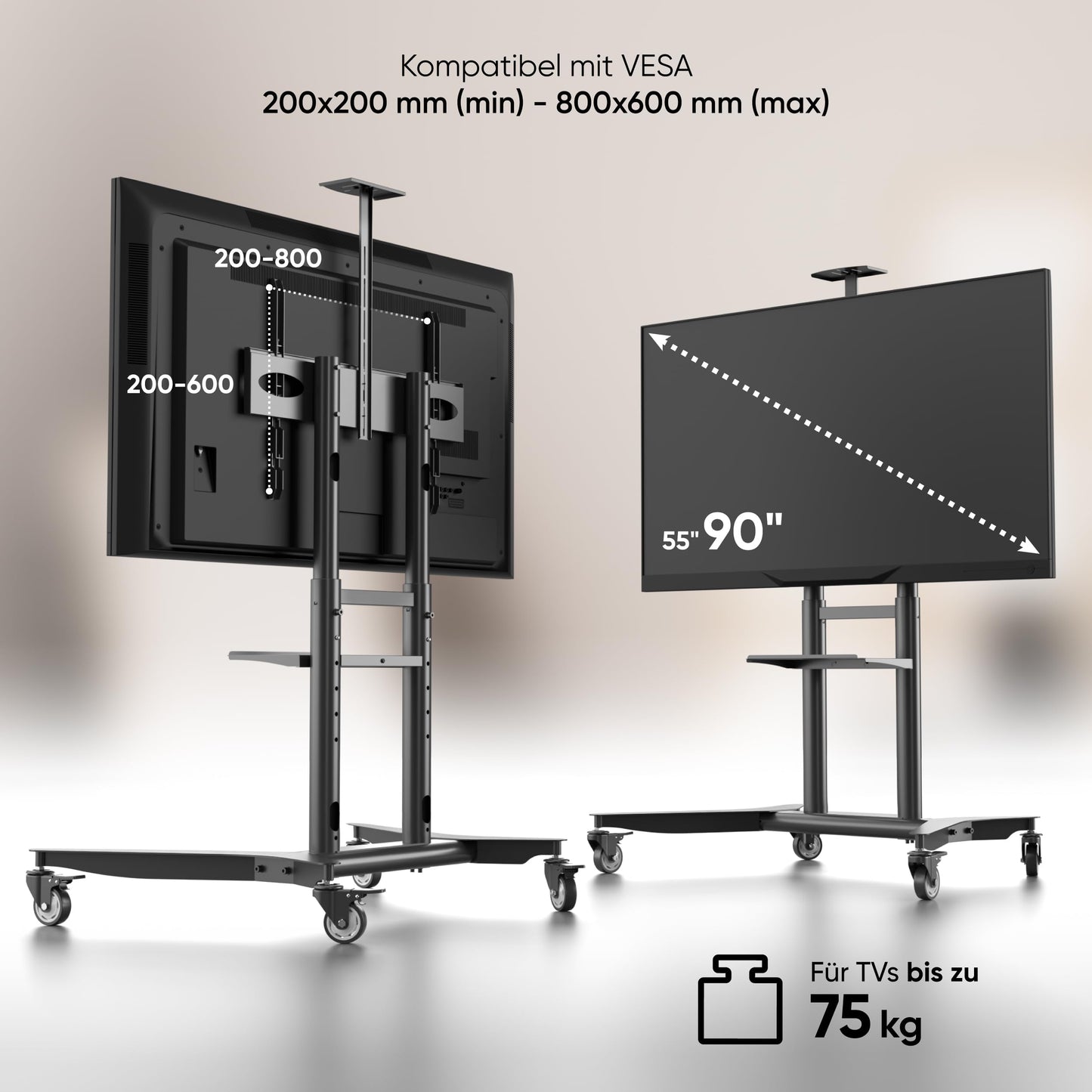 ONKRON TV stand on wheels for 55-90 inch TVs, max weight capacity 90 kg, rolling TV stand with adjustable height, max VESA 800x600, professional TV cart with black rollers TS1871-B.