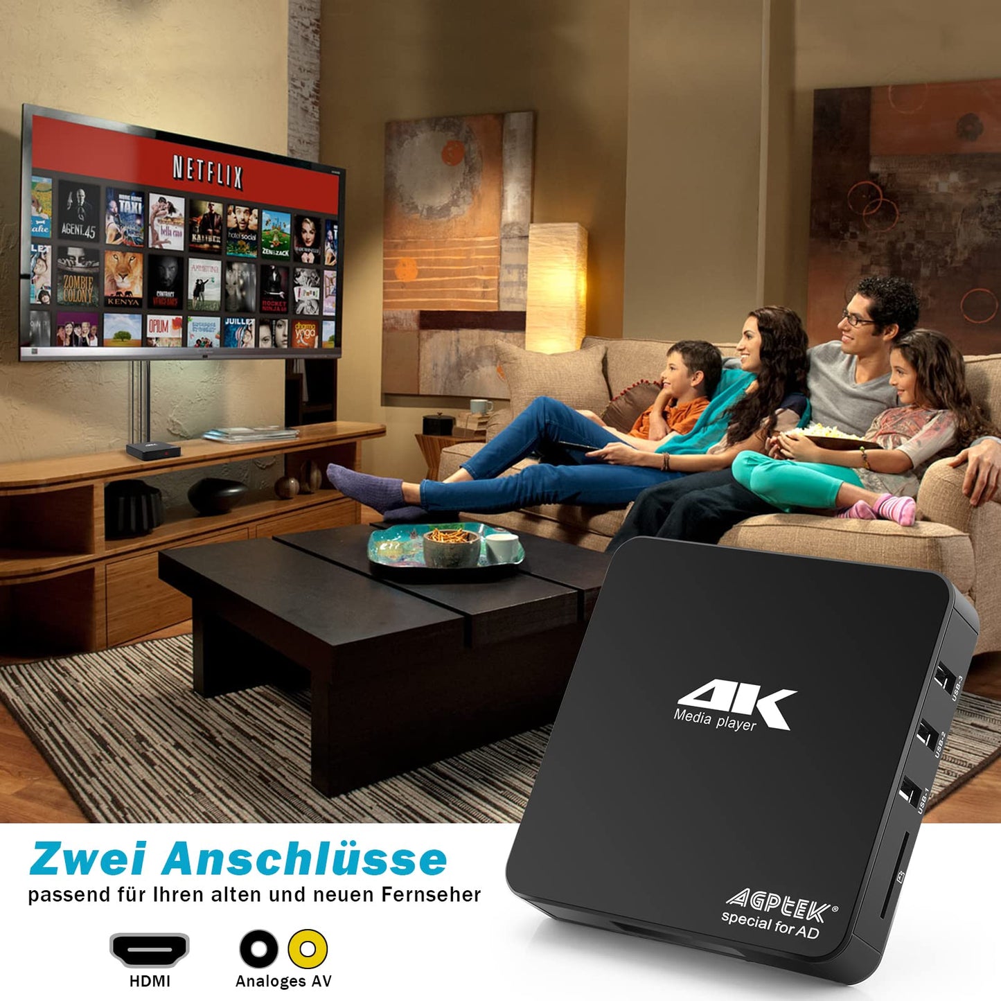 AGPTEK 4K@60hz MP4 Media Player supports 8TB HDD/256G USB Drive/SD Card with HDMI/AV Output for HDTV/PPT MKV AVI MP4 H.265. Features include ad insertion, subtitles/timing, and keyboard control.