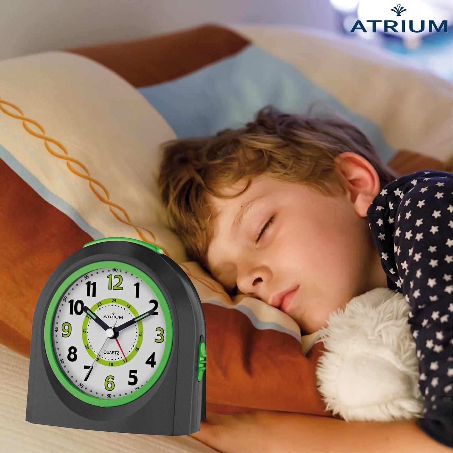 Atrium children's alarm clock analog quartz with light and snooze black green A921-7