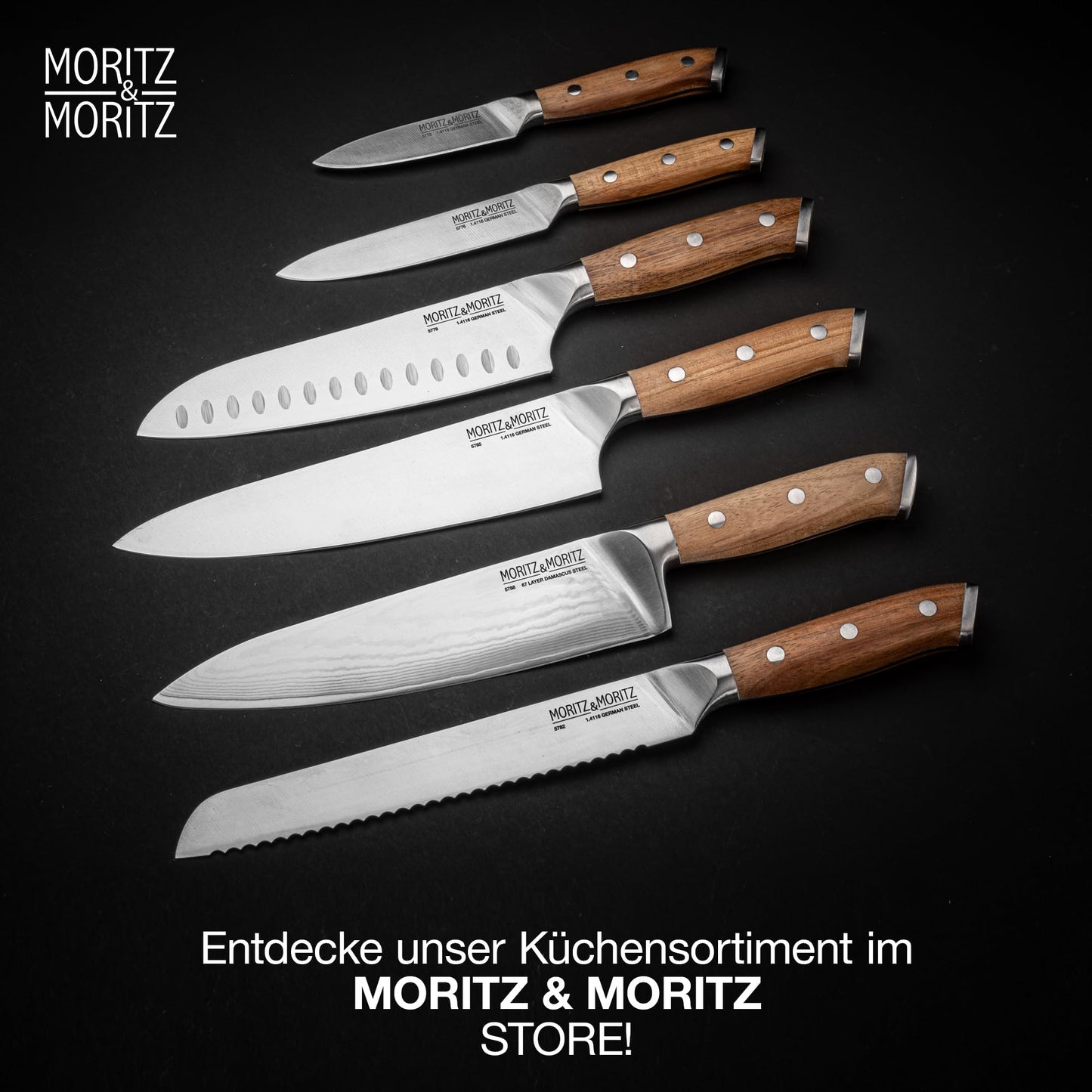 Moritz & Moritz Santoku Knife 18 cm - Professional chef's knife in Japanese style with extra sharp blade - Kitchen knife for meat, sushi etc. - Ergonomic acacia wood handle - German knife steel