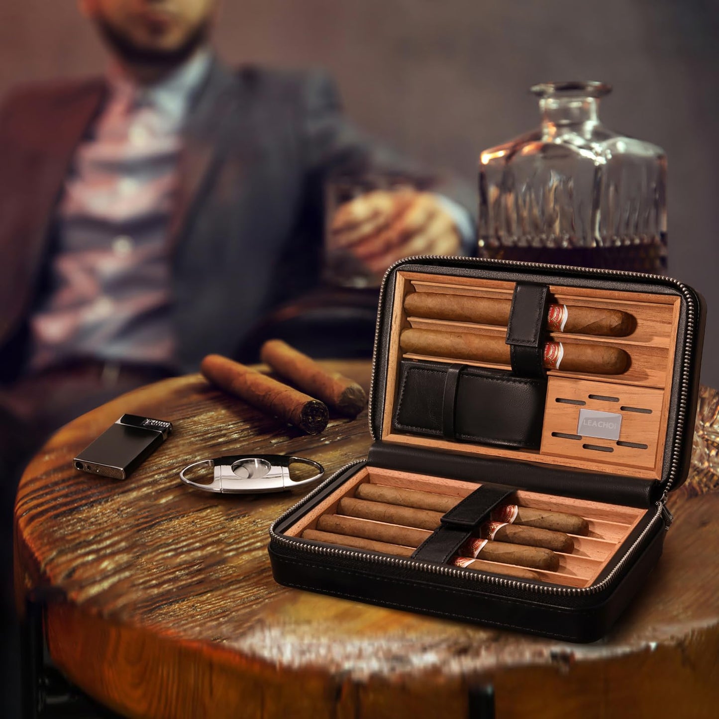 LEACHOI Leather Cigar Travel Humidor, cigar case with lighter and cigar cutter, cigar accessory set, cigar gift set, Holds up to 6 cigars.
