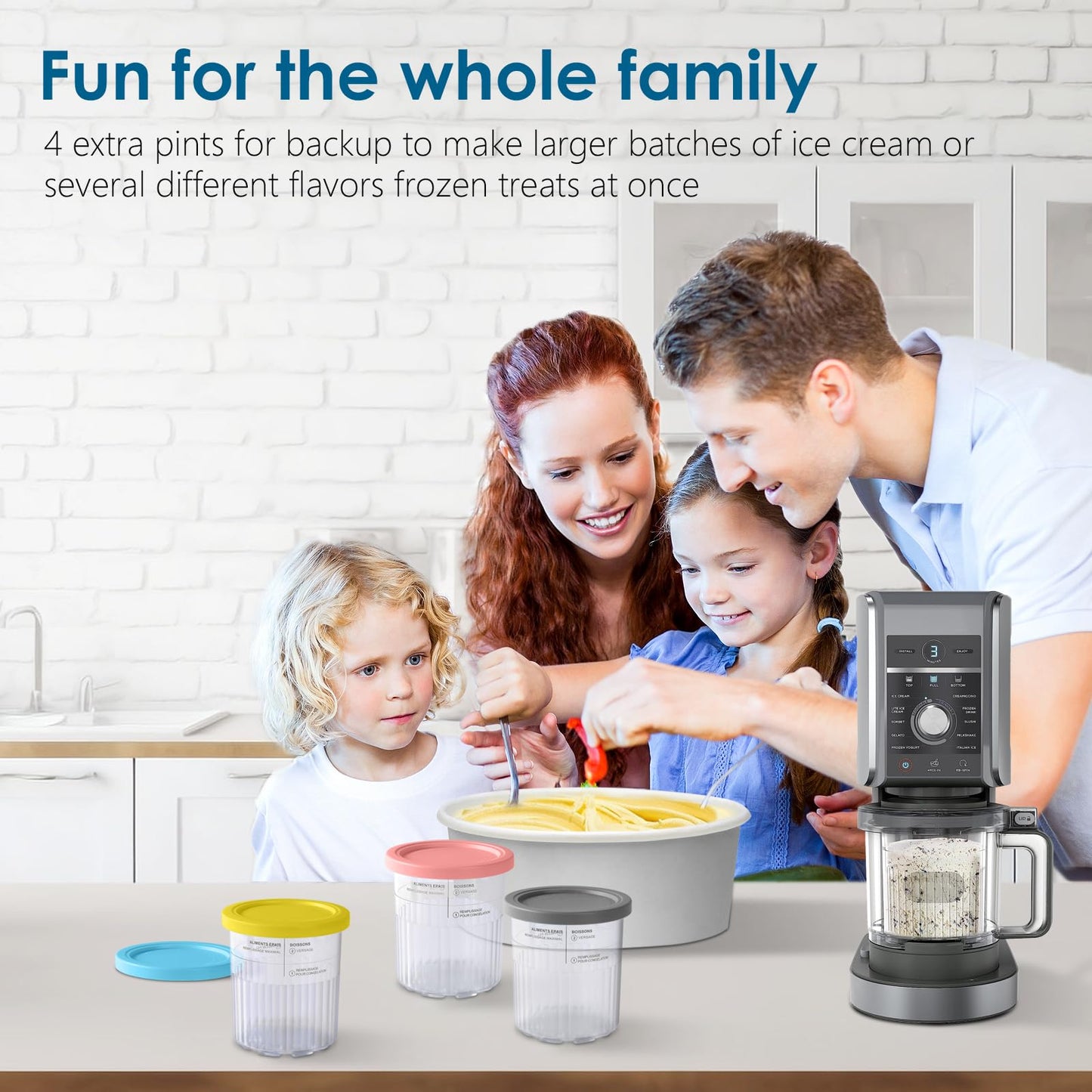 4-pack of Vione replacement Ninja Creami Deluxe Pints and Lids. 24 oz. pint containers compatible with NC501, NC500 series. BPA-free, dishwasher safe, assorted colors.