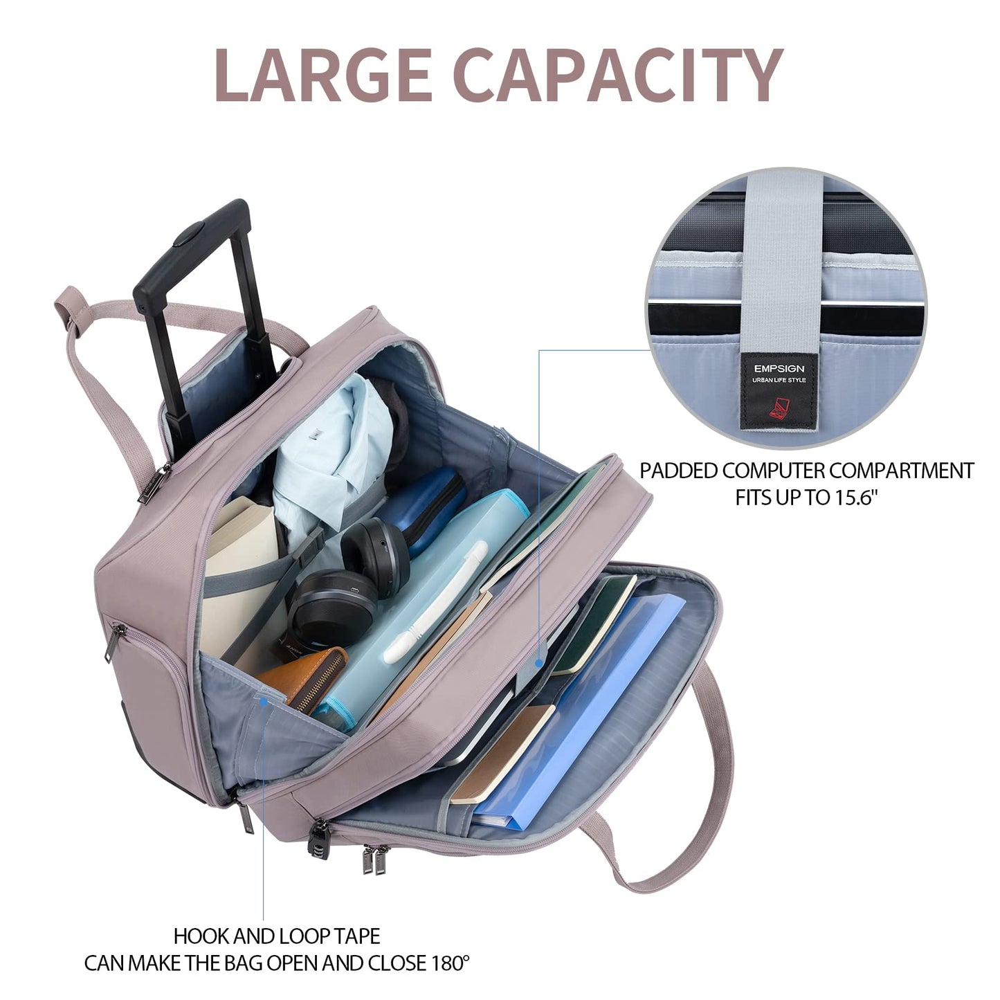 EMPSIGN Trolley Business Rolling Laptop with wheels, Rolling laptop bag for women fits up to 15.6-inch laptop briefcase on wheels, Water-resistant, with RFID pockets, Pink