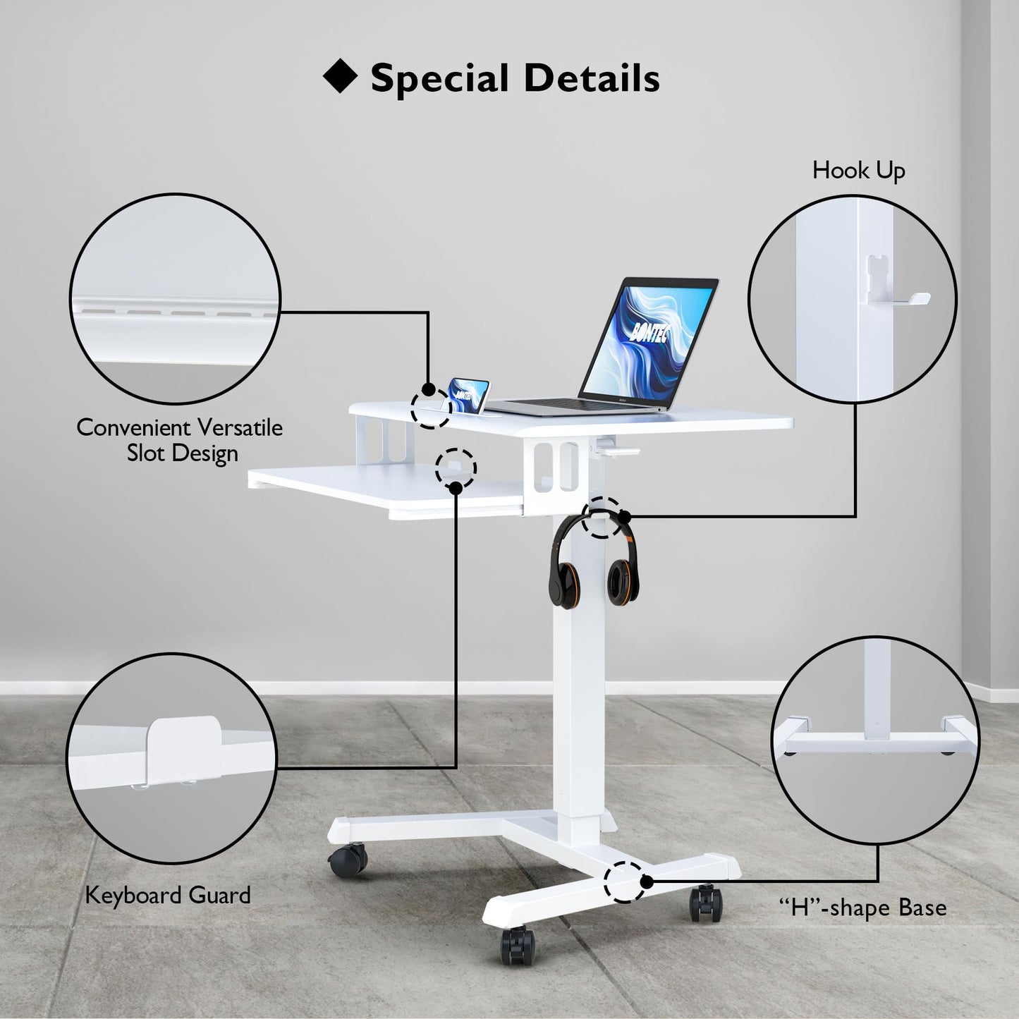 BONTEC Height Adjustable Desk with Keyboard Tray, Mobile Podium, Computer Workstation up to 15 kg, Laptop Sitting or Standing Desk on Wheels, Adjustable Standing Desk, White.