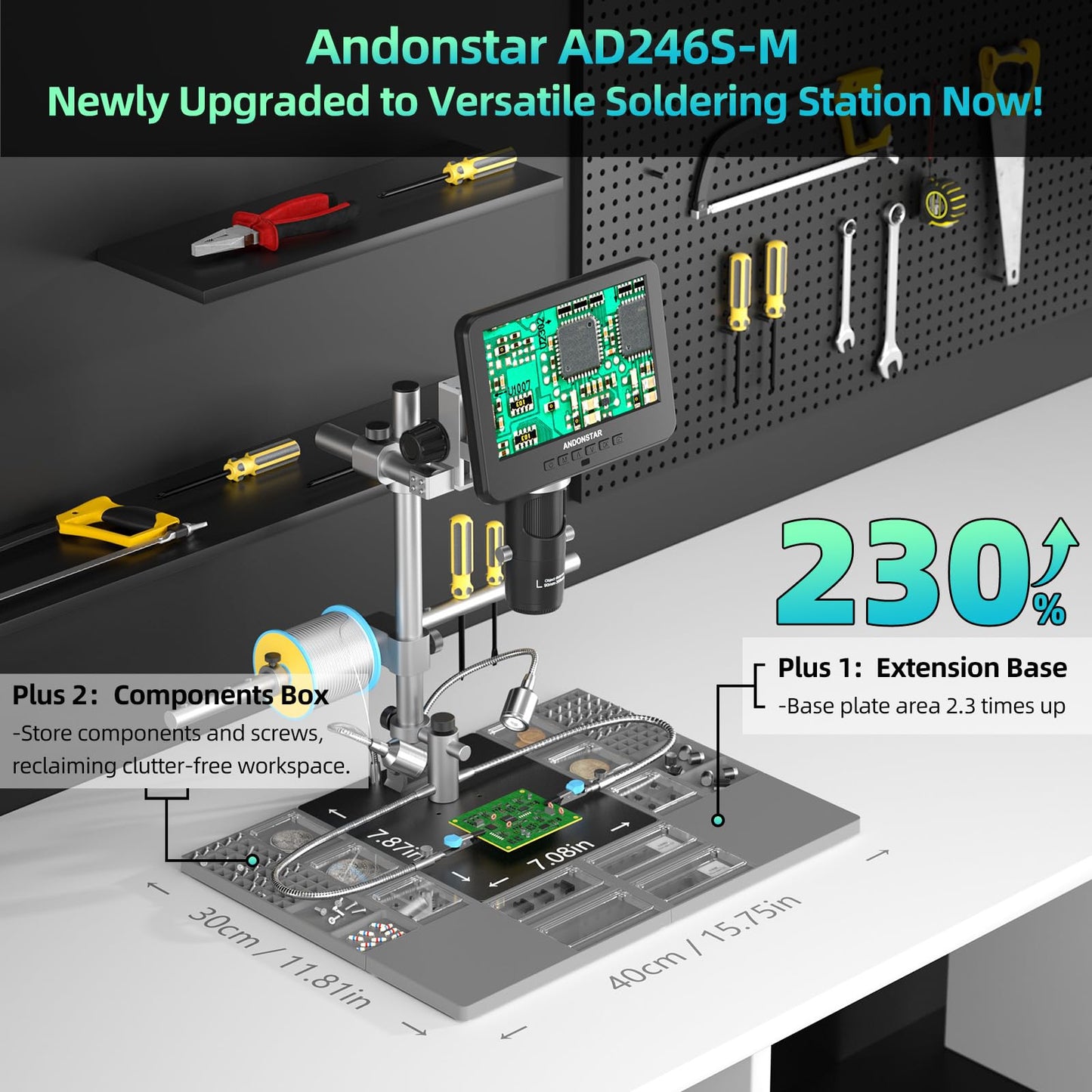 Andonstar AD246S-M Plus 7'' HDMI soldering digital microscope for electronics repairs, 2000x 3 lens 2160P UHD video recording, soldering microscope station with helping hands, coin microscope, 32GB card.