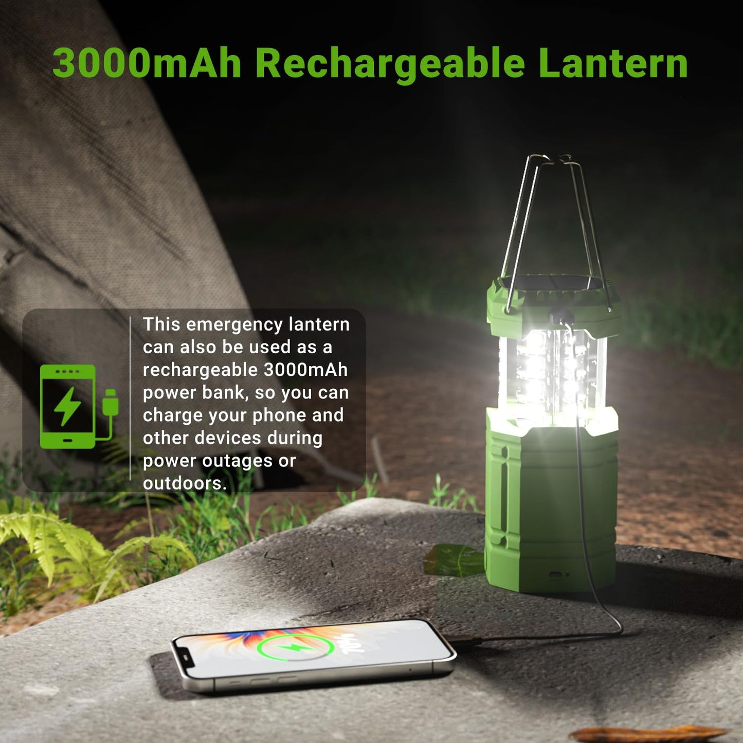 LED Camping Lantern Solar, Waterproof LED Camping Lantern, Emergency Light with Hand Crank, Built-in 3000mAh Battery for Hiking, Fishing, SOS, Power Outages (Green)